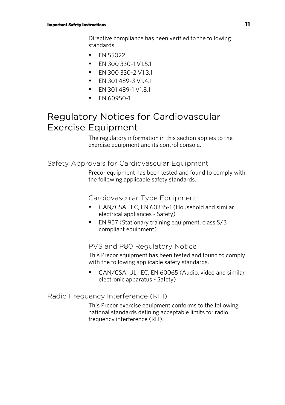 Safety approvals for cardiovascular equipment, Radio frequency interference (rfi) | Precor p80 User Manual | Page 13 / 112