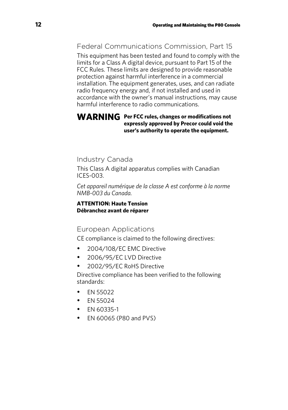 Warning | Precor p80 User Manual | Page 14 / 112