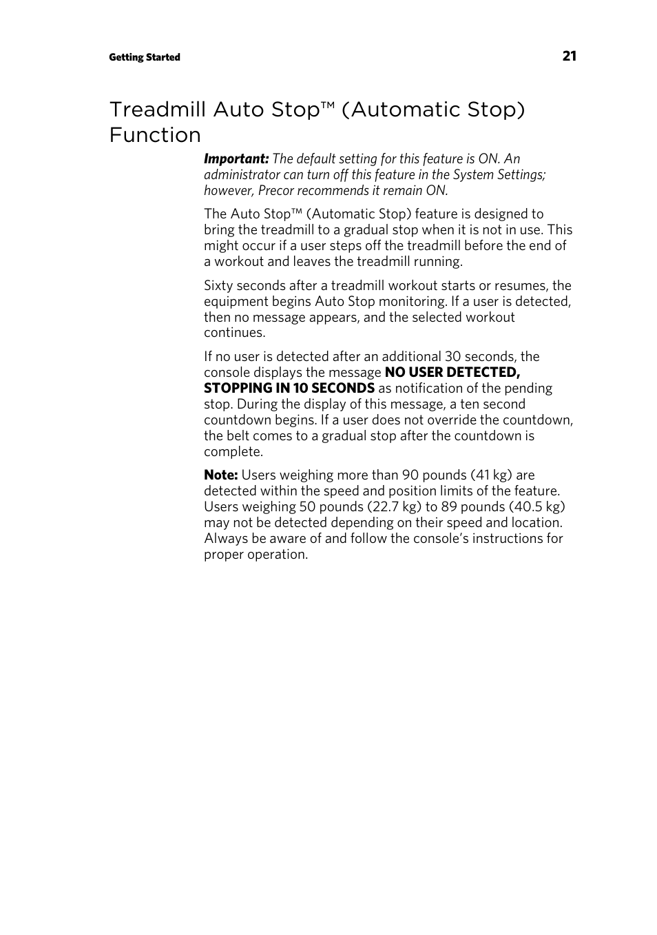 Treadmill auto stop™ (automatic stop) function | Precor p80 User Manual | Page 23 / 112