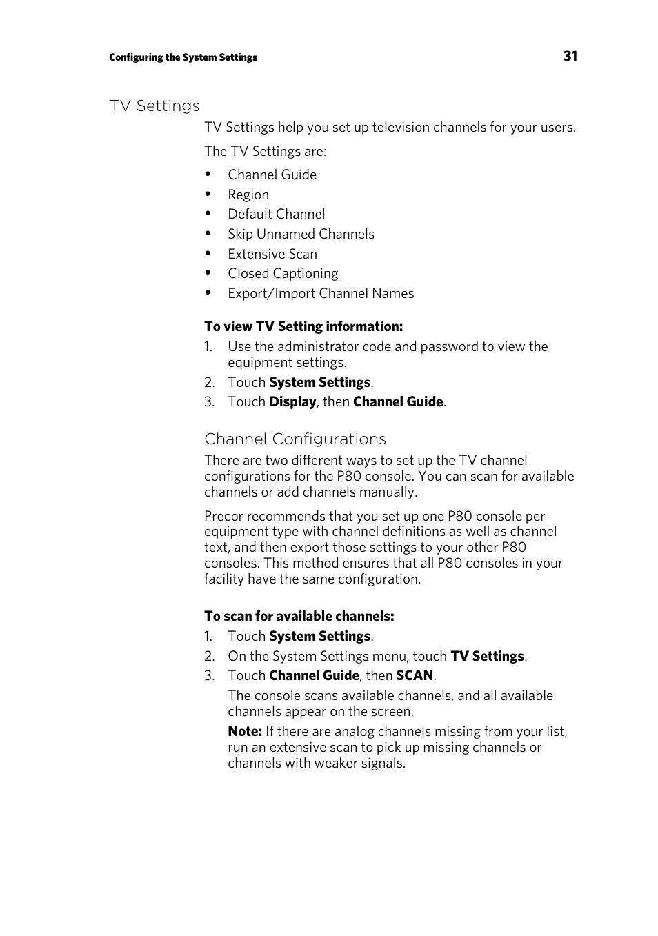 Tv settings | Precor p80 User Manual | Page 33 / 112