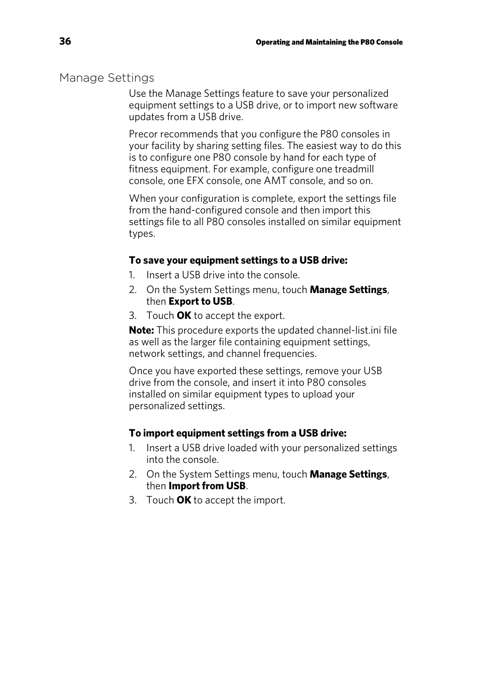 Manage settings | Precor p80 User Manual | Page 38 / 112