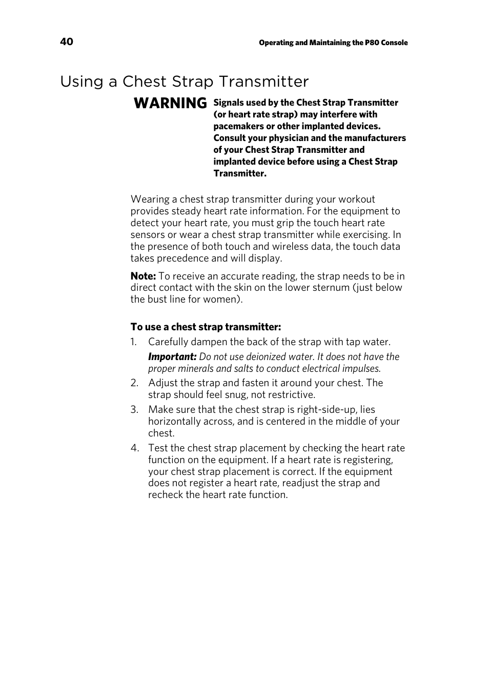 Using a chest strap transmitter, Using the view channels and view buttons, Using a chest strap transmitter warning | Precor p80 User Manual | Page 42 / 112