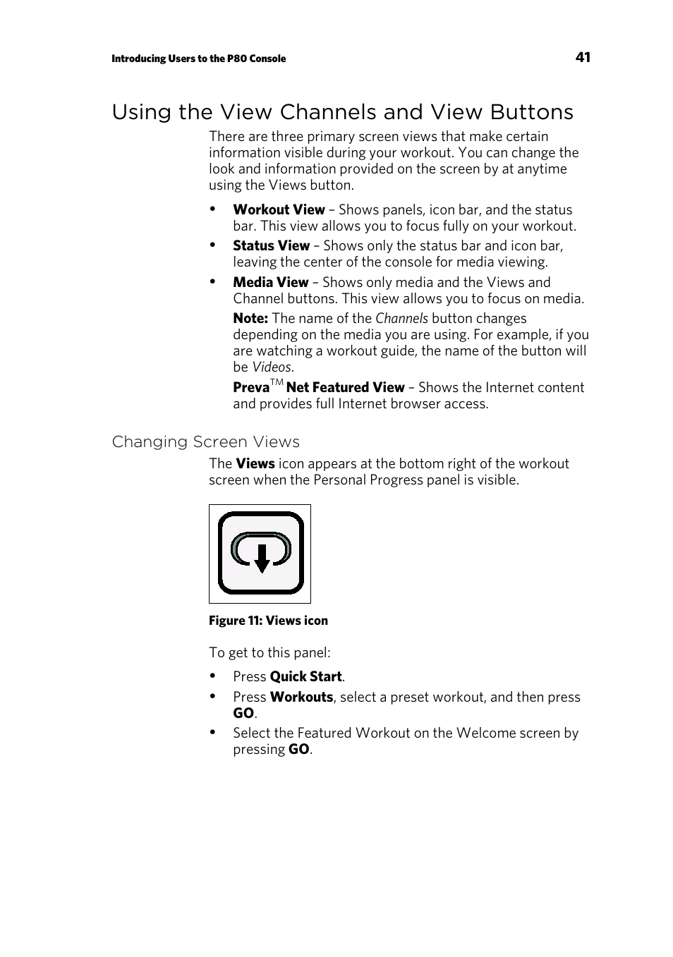 Using the view channels and view buttons, Changing screen views | Precor p80 User Manual | Page 43 / 112