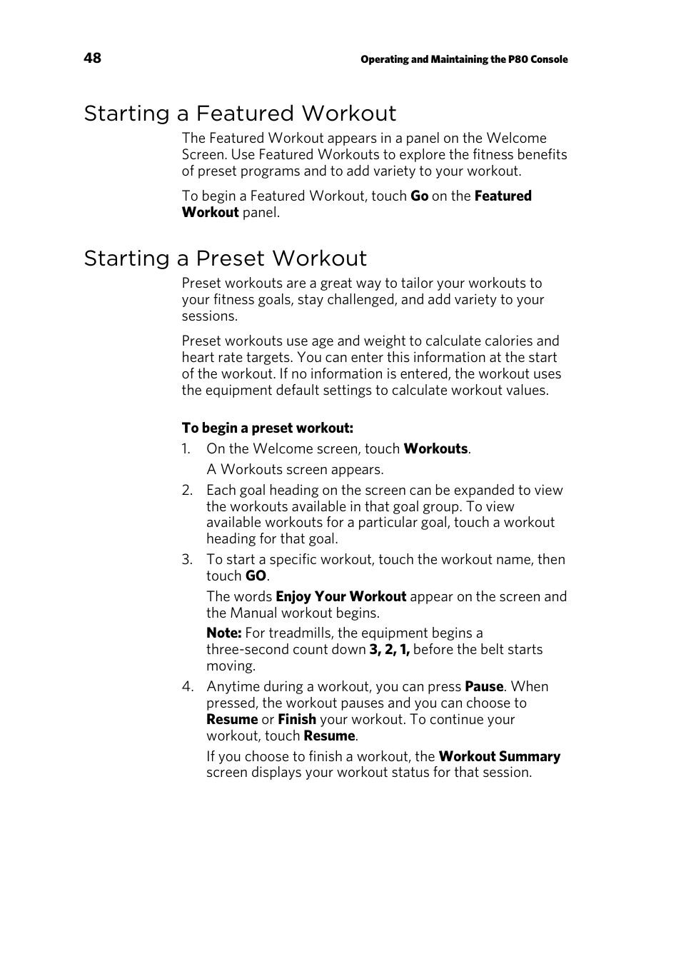 Starting a featured workout, Starting a preset workout | Precor p80 User Manual | Page 50 / 112