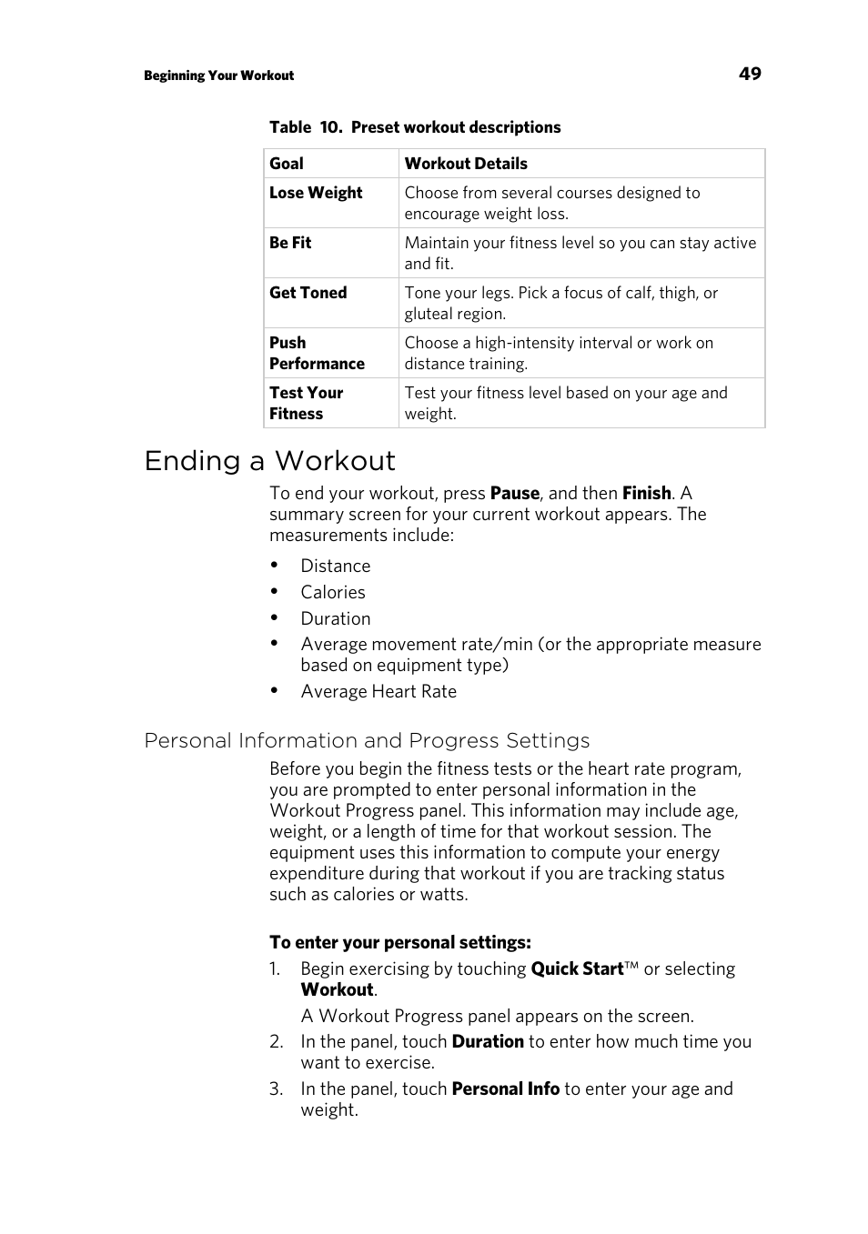 Ending a workout, Personal information and progress settings | Precor p80 User Manual | Page 51 / 112