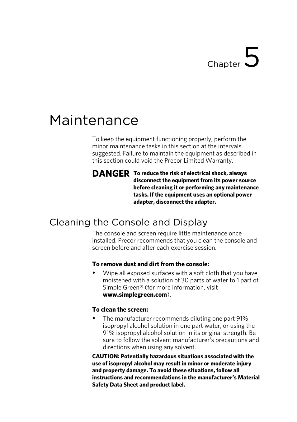 Maintenance, Cleaning the console and display, Danger | Precor p80 User Manual | Page 57 / 112