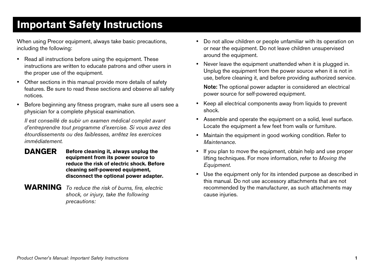 Important safety instructions, Danger, Warning | Precor s 932i User Manual | Page 3 / 80