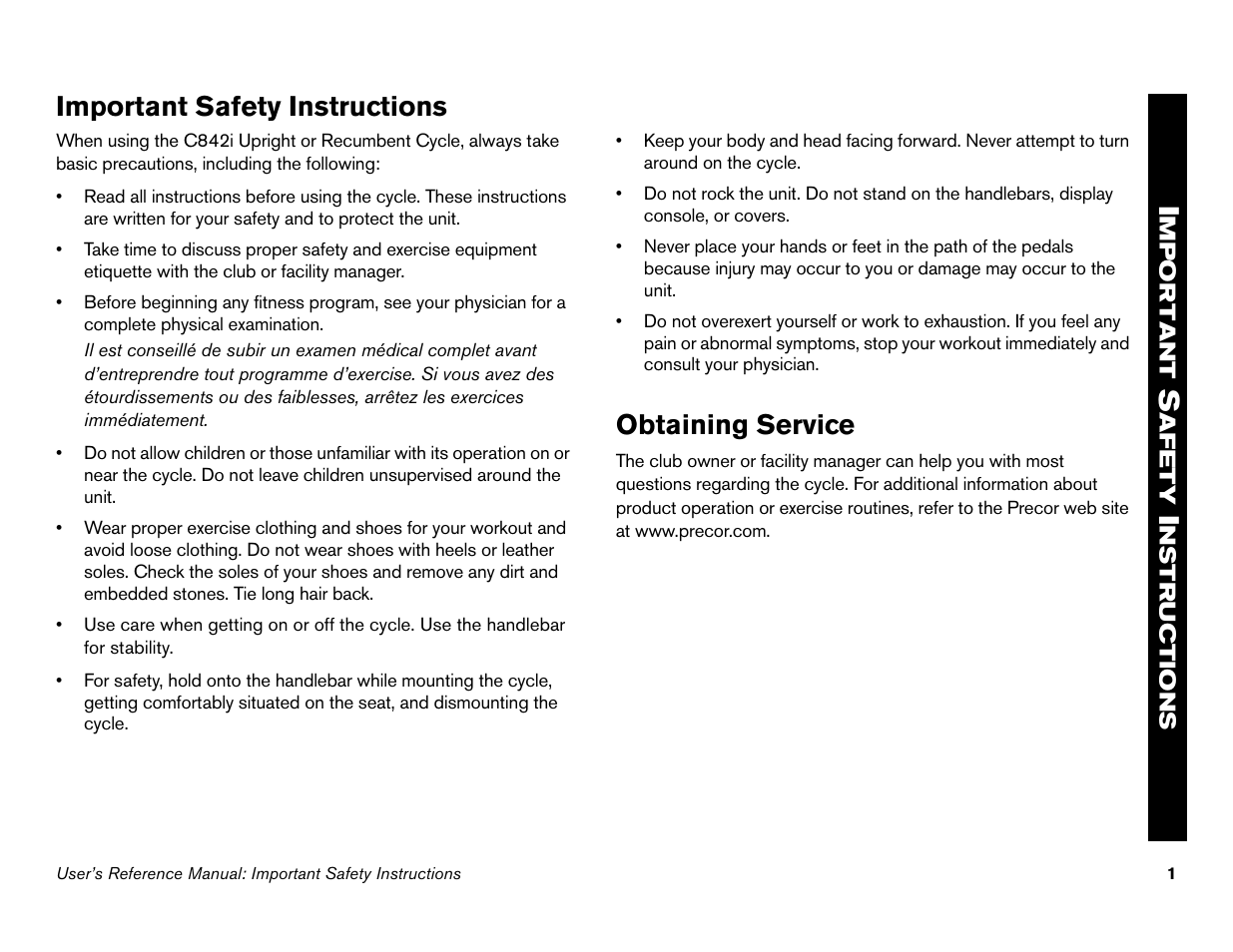 Important safety instructions, Obtaining service | Precor s 932i User Manual | Page 47 / 80