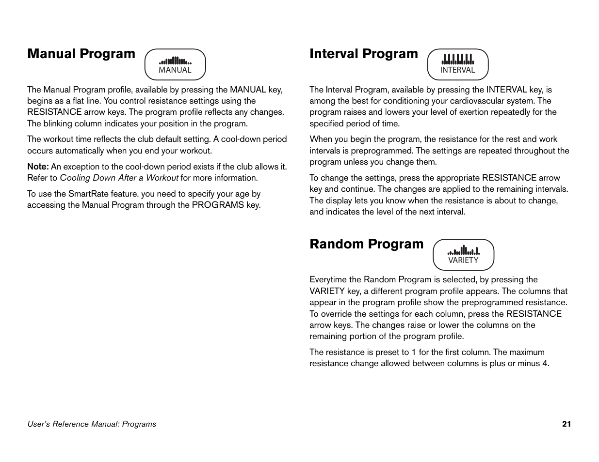 Manual program, Interval program, Random program | Manual program interval program random program | Precor s 932i User Manual | Page 67 / 80