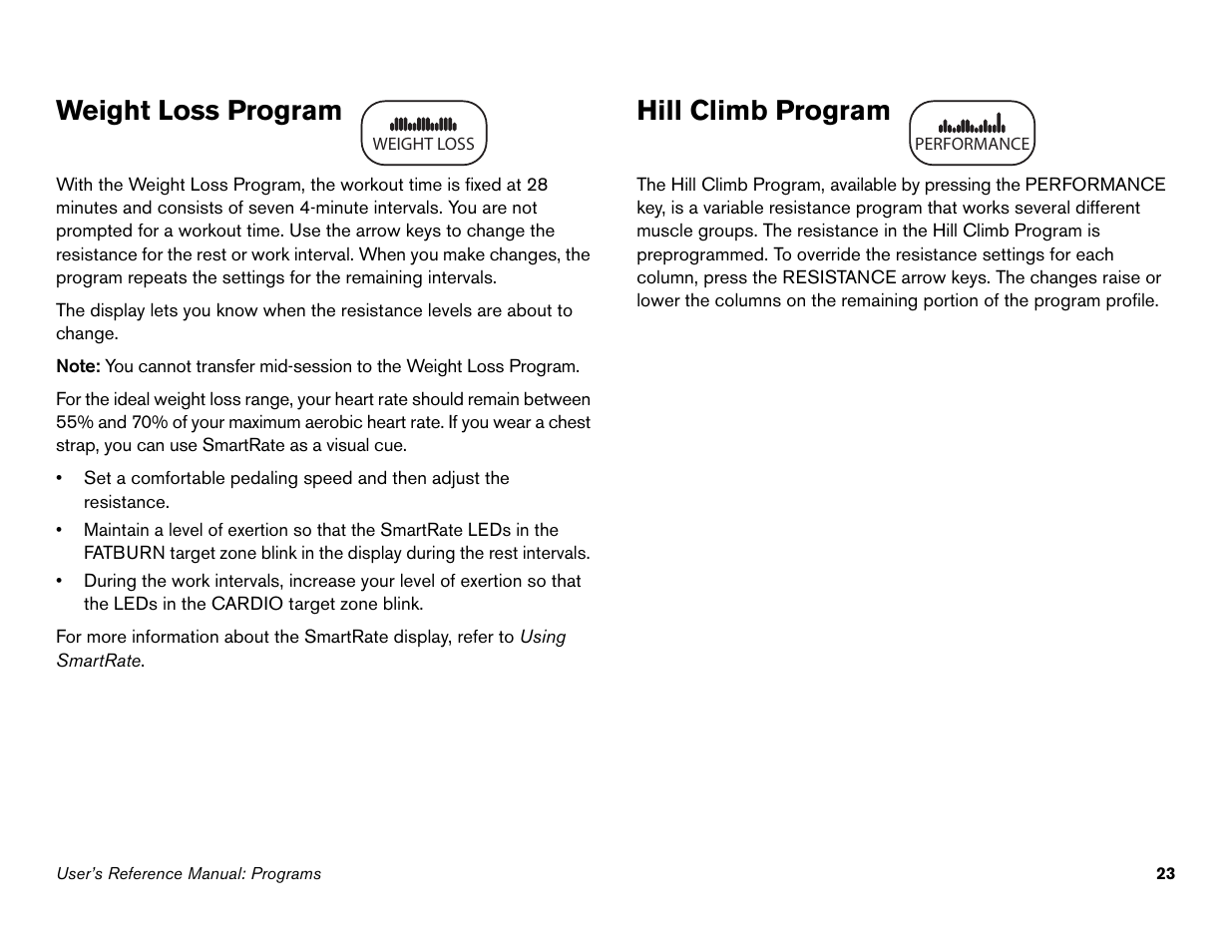 Weight loss program, Hill climb program, Weight loss program hill climb program | Precor s 932i User Manual | Page 69 / 80