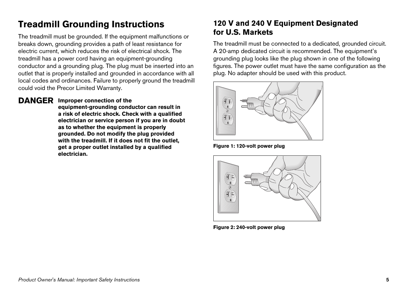 Treadmill grounding instructions, Danger | Precor s 932i User Manual | Page 7 / 80