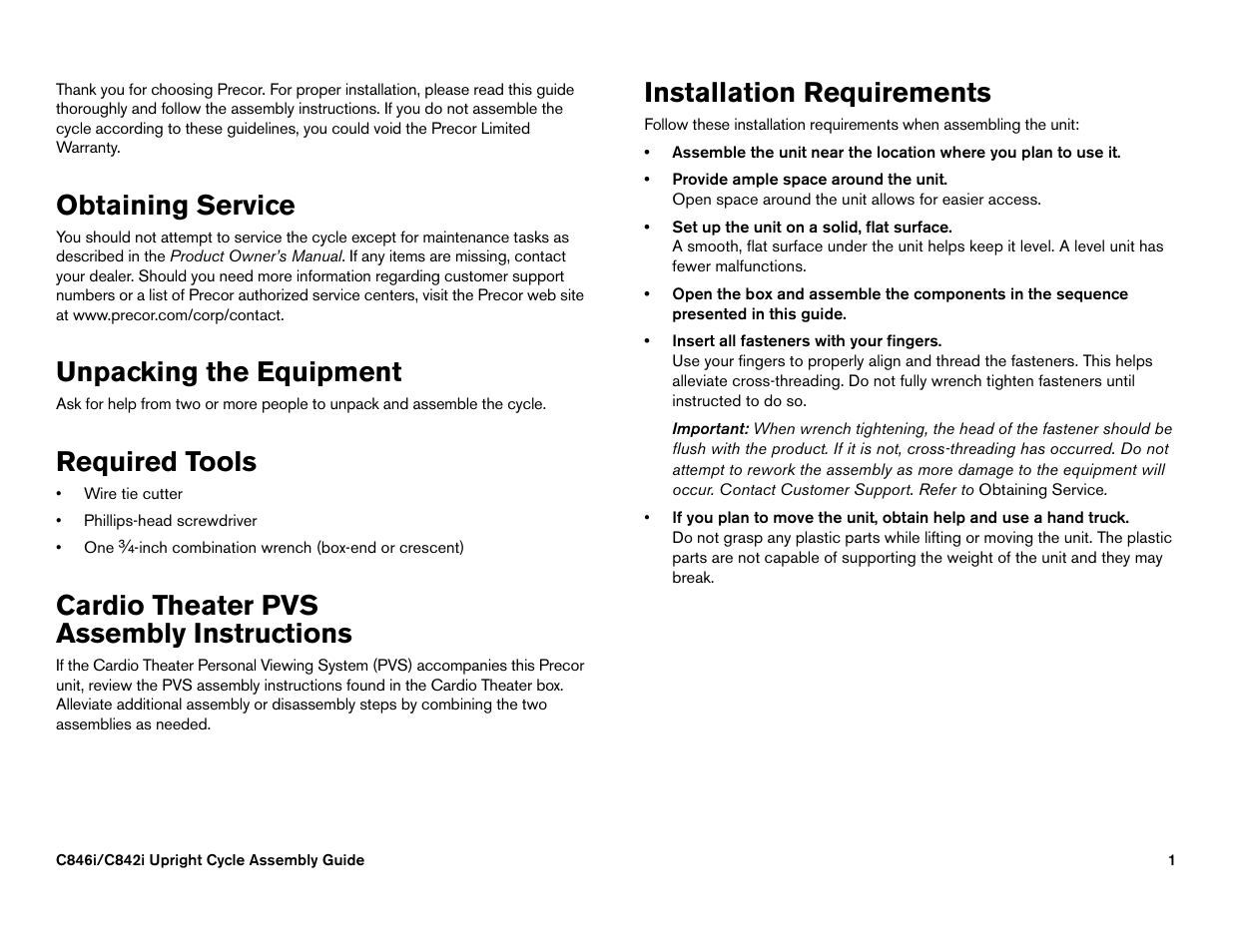 Obtaining service, Unpacking the equipment, Required tools | Cardio theater pvsassembly instructions, Installation requirements, Cardio theater pvs assembly instructions | Precor s 932i User Manual | Page 75 / 80