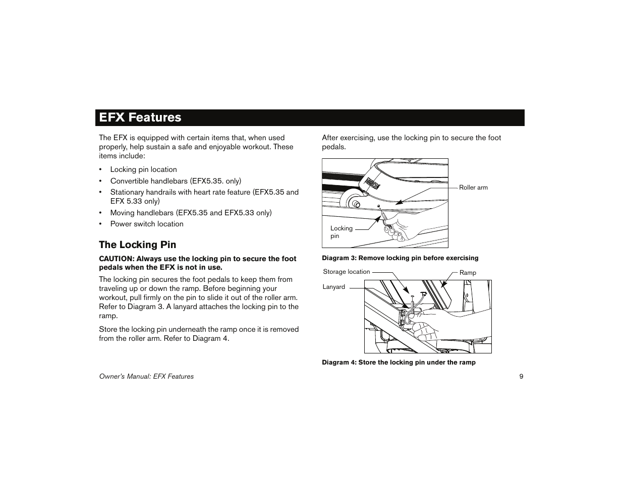 Efx features, The locking pin | Precor 5.31 User Manual | Page 11 / 68
