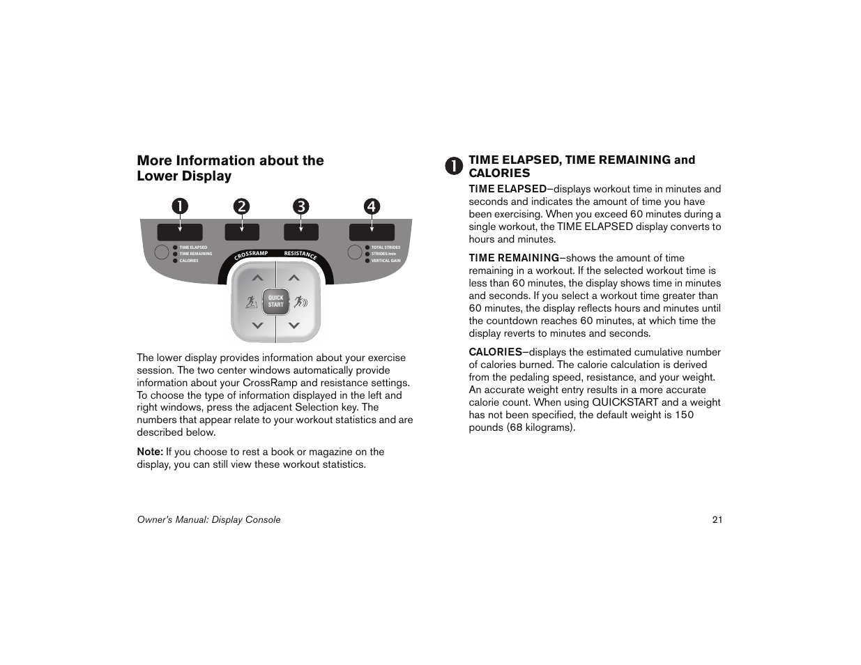 More information about the lower display, Time elapsed, time remaining and calories | Precor 5.31 User Manual | Page 23 / 68
