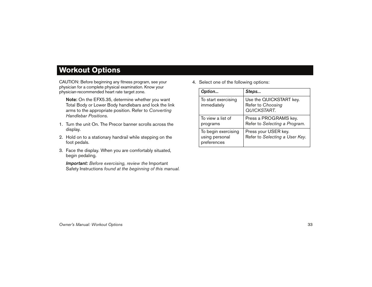 Workout options | Precor 5.31 User Manual | Page 35 / 68