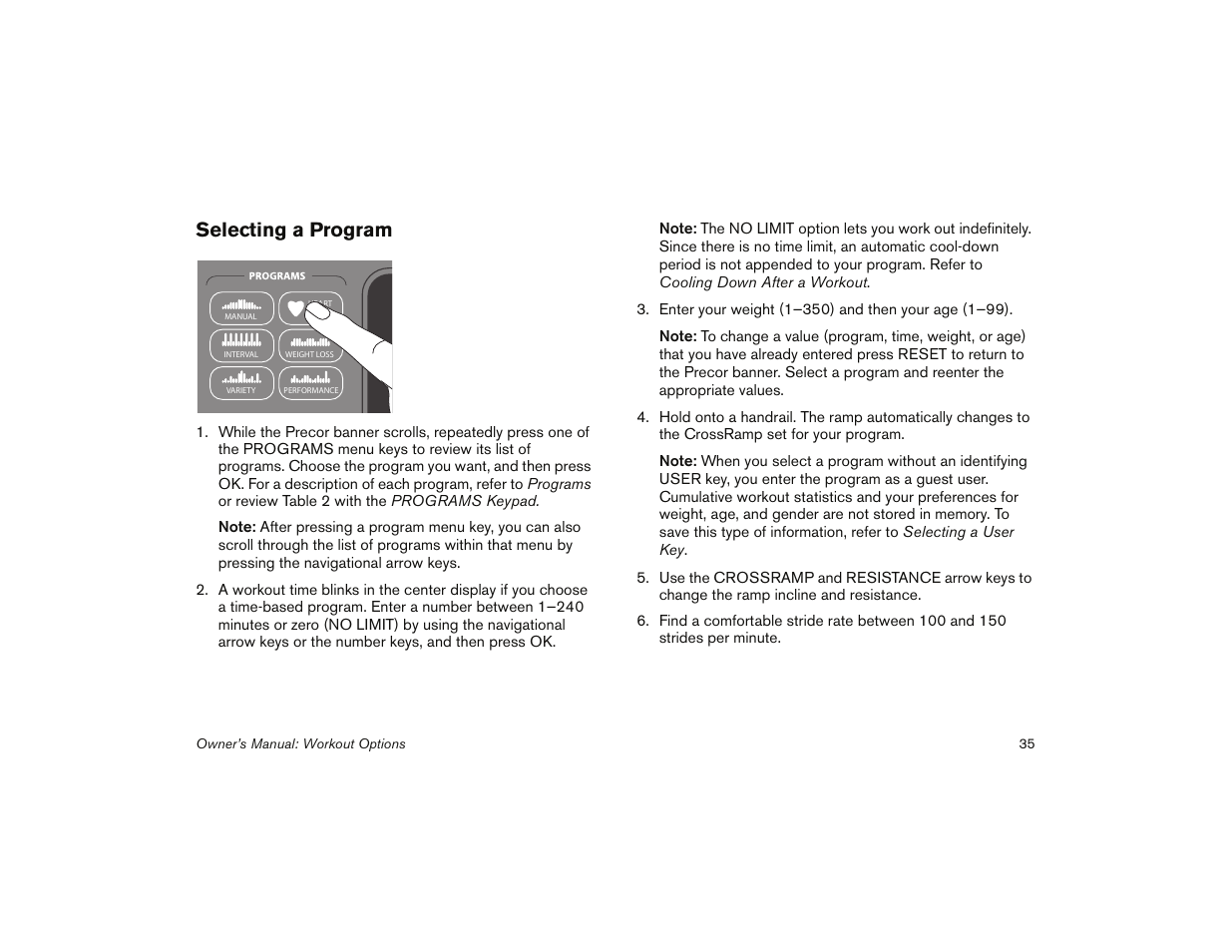 Selecting a program | Precor 5.31 User Manual | Page 37 / 68