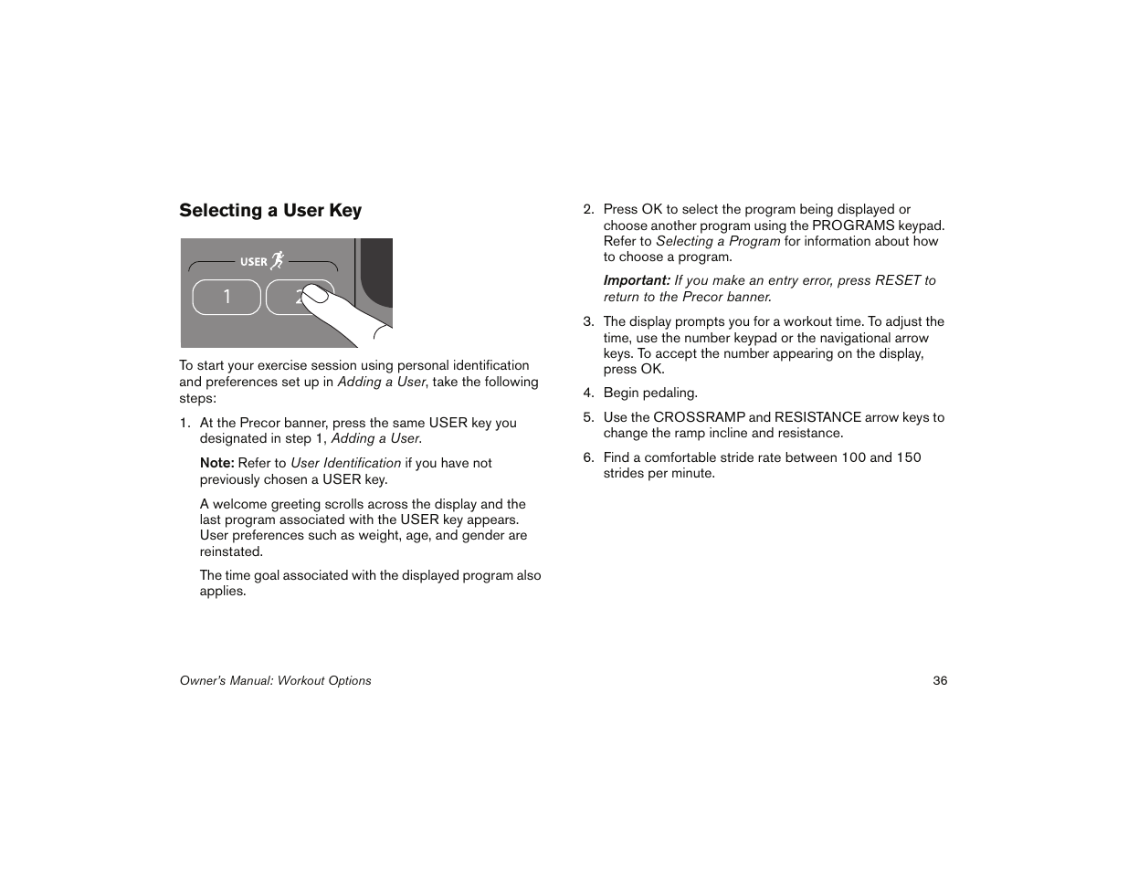 Selecting a user key | Precor 5.31 User Manual | Page 38 / 68
