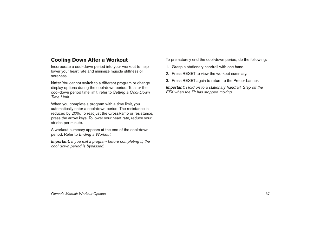 Cooling down after a workout | Precor 5.31 User Manual | Page 39 / 68