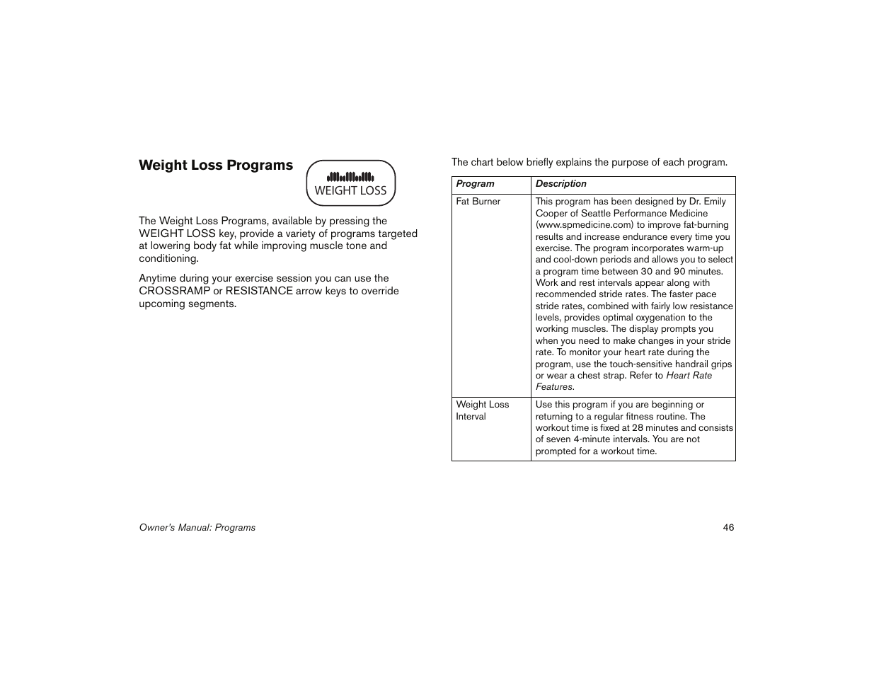 Weight loss programs | Precor 5.31 User Manual | Page 48 / 68