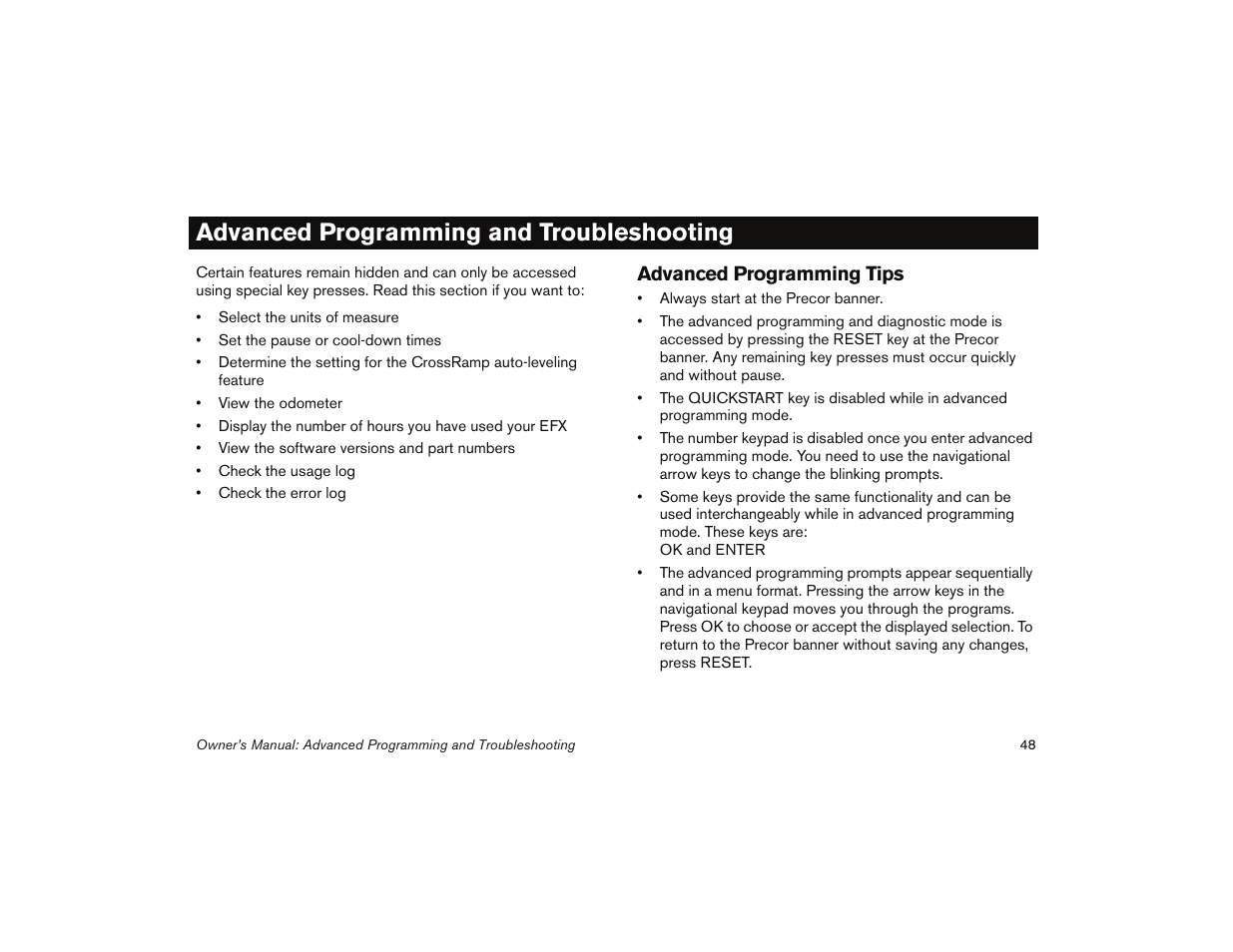 Advanced programming and troubleshooting, Advanced programming tips | Precor 5.31 User Manual | Page 50 / 68