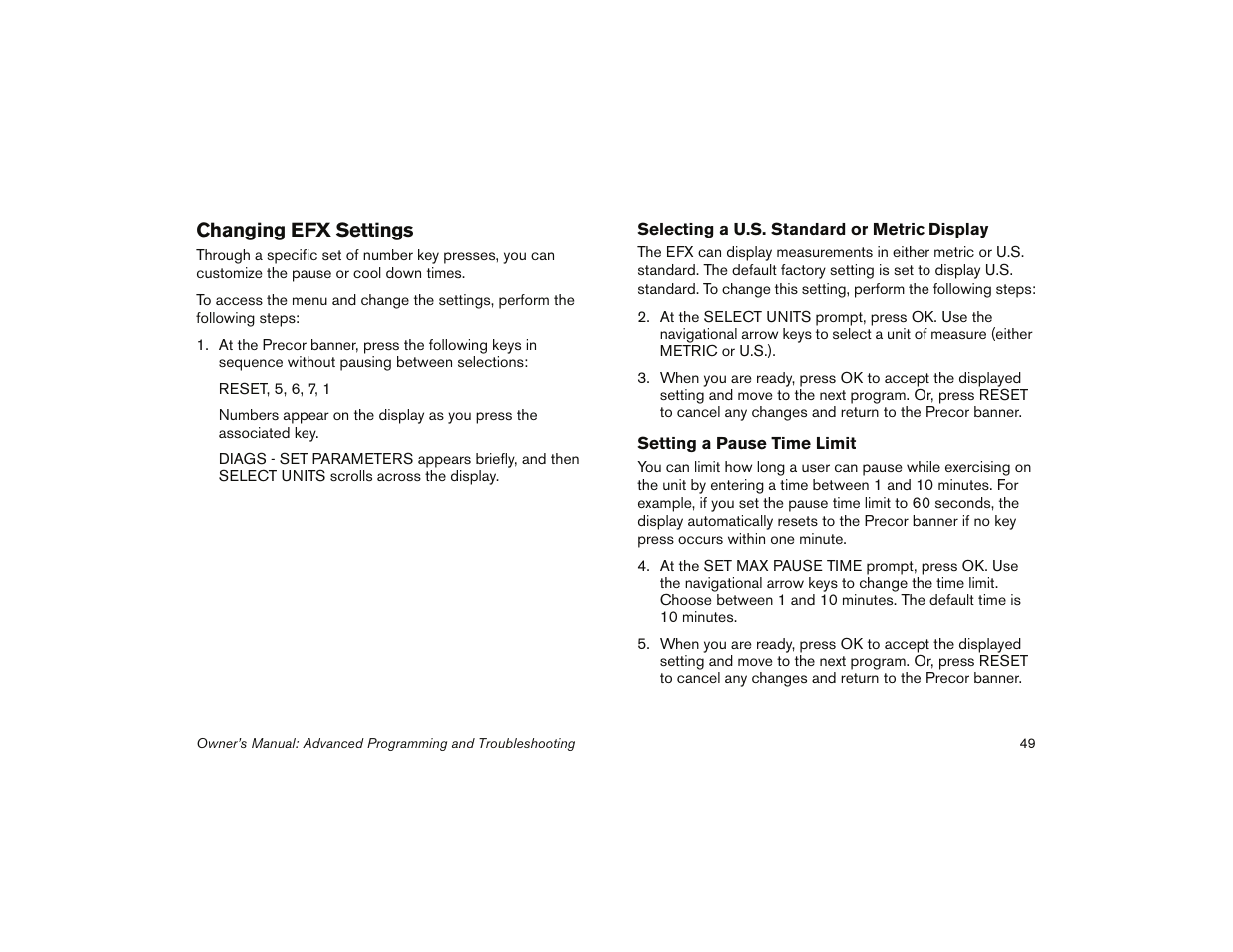Changing efx settings | Precor 5.31 User Manual | Page 51 / 68
