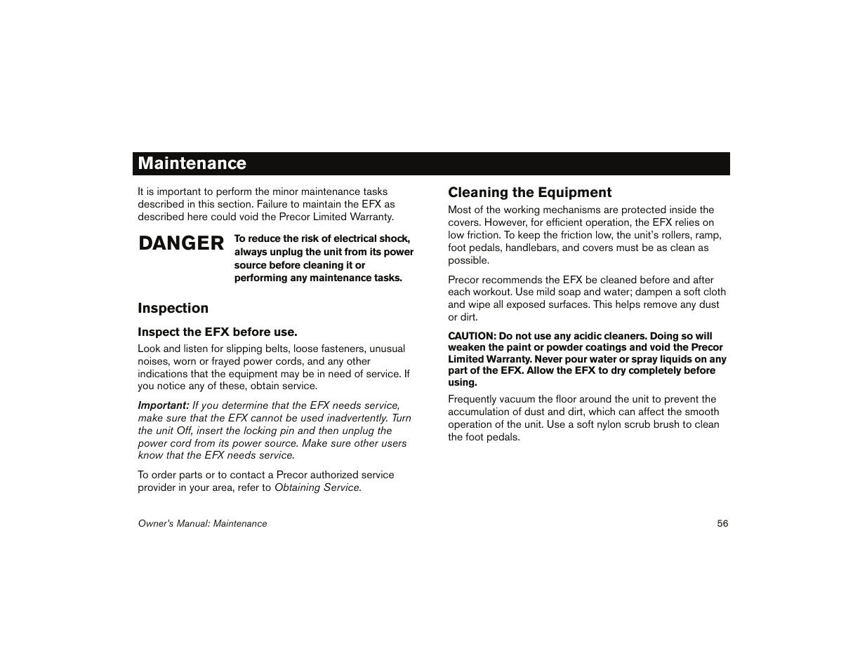 Maintenance, Inspection cleaning the equipment, Danger | Precor 5.31 User Manual | Page 58 / 68
