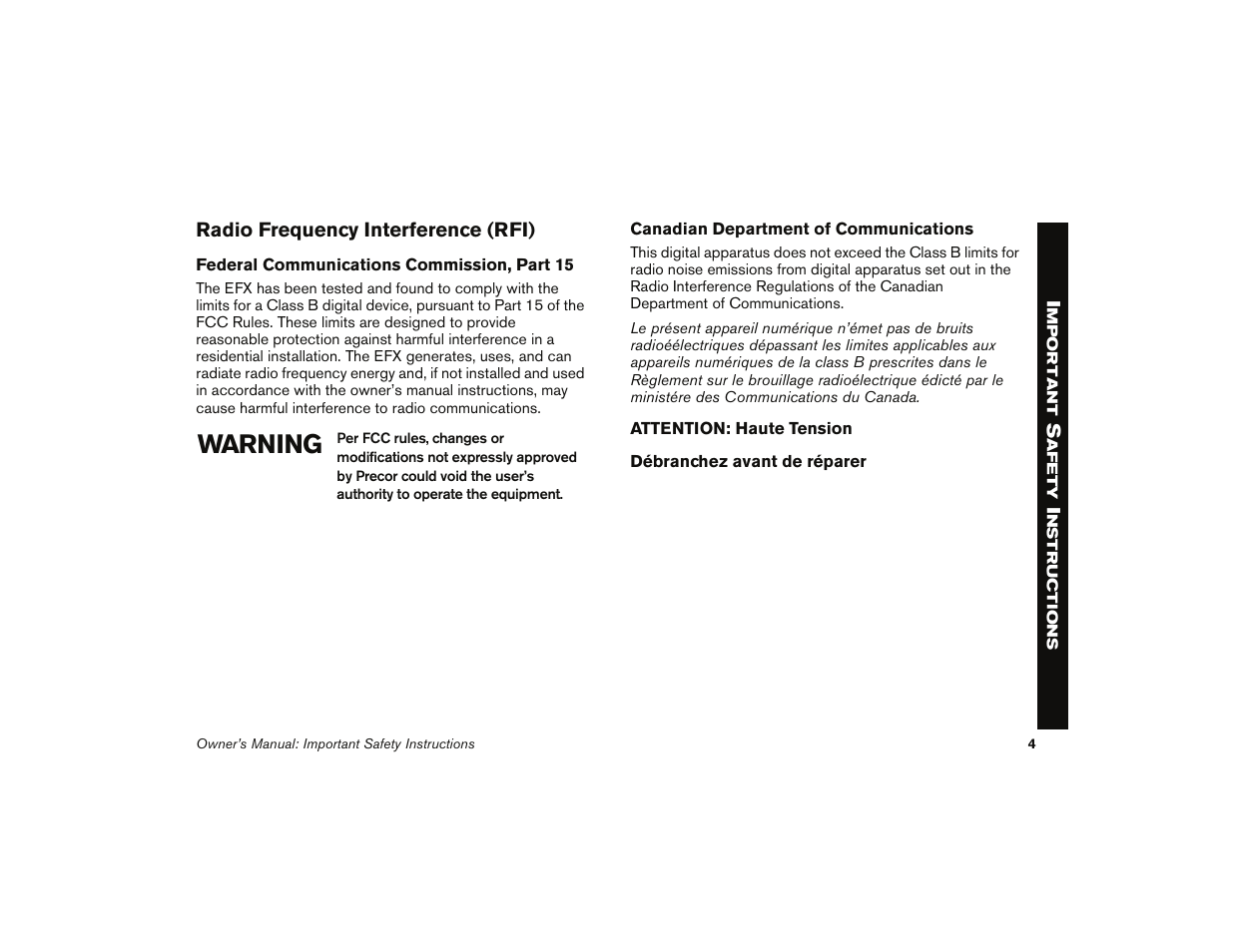 Warning | Precor 5.31 User Manual | Page 6 / 68