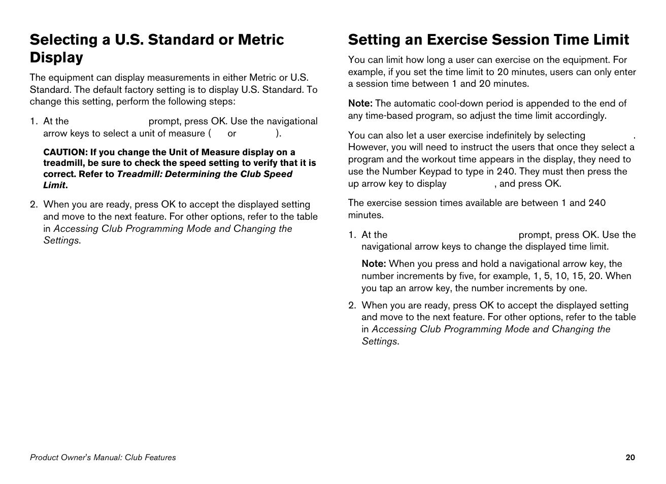 Selecting a u.s. standard or metric display, Setting an exercise session time limit | Precor EFX534i User Manual | Page 22 / 98