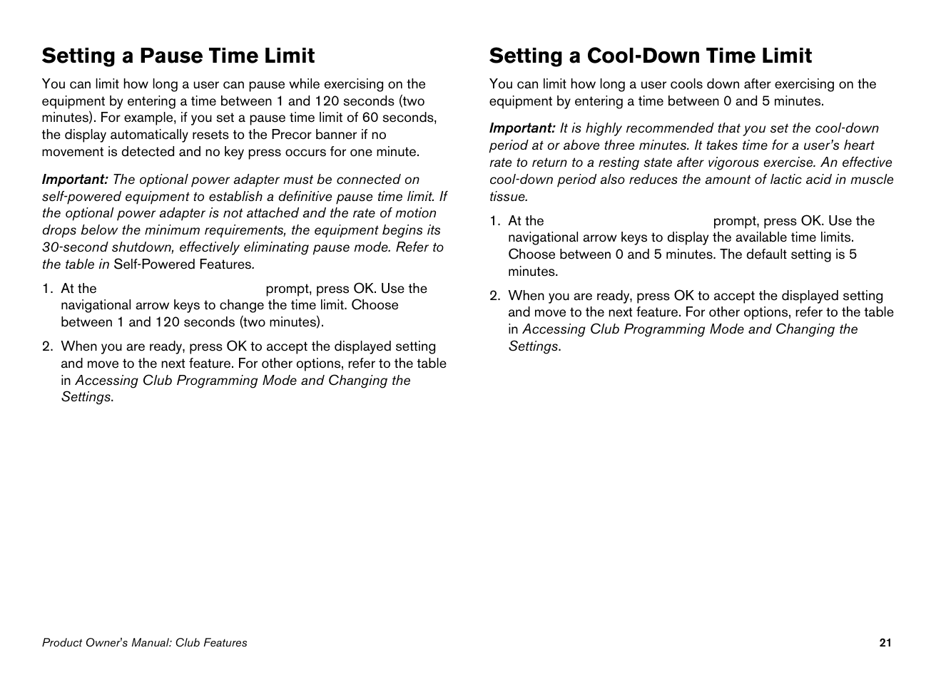 Setting a pause time limit, Setting a cool-down time limit | Precor EFX534i User Manual | Page 23 / 98