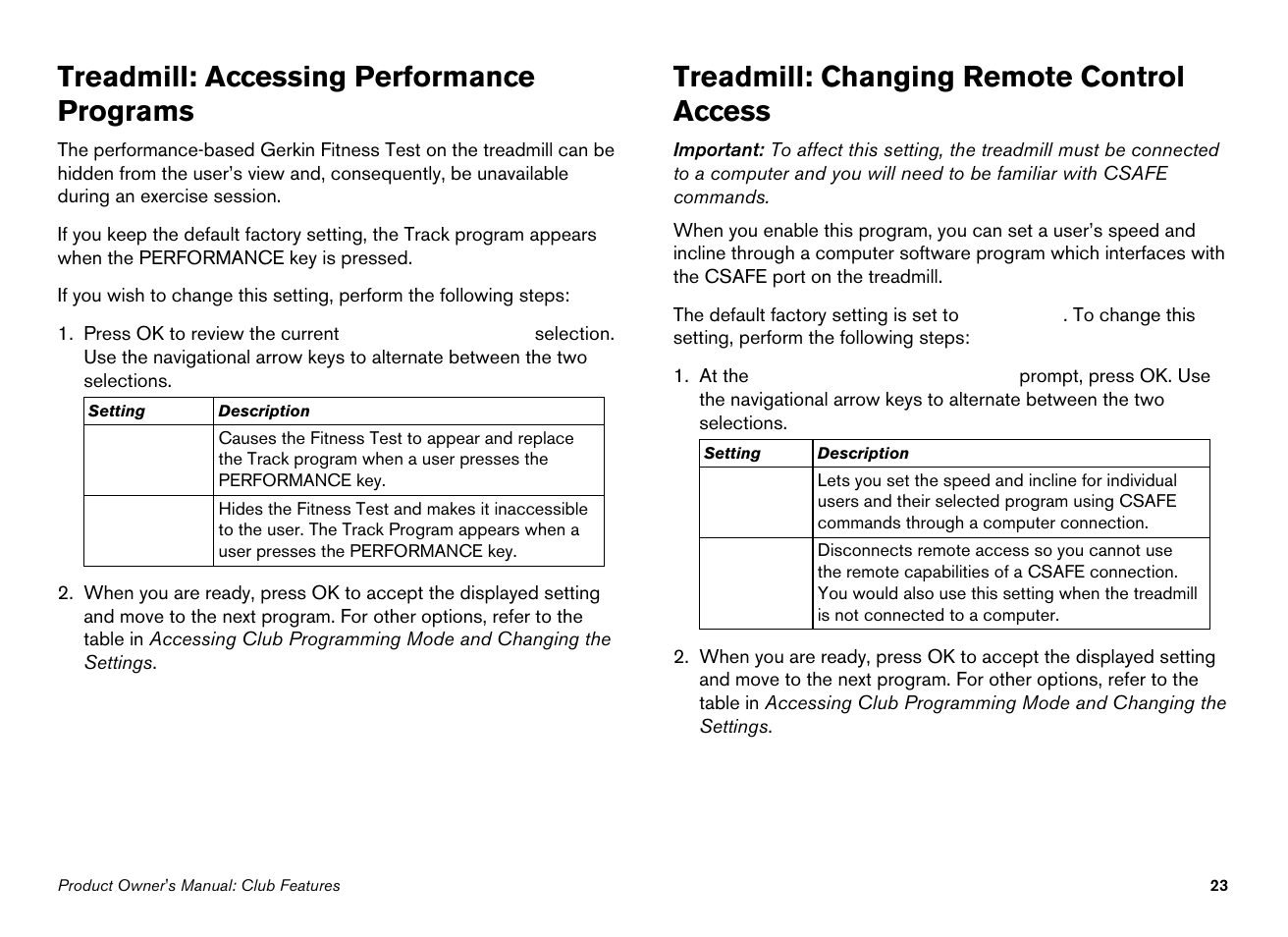 Treadmill: accessing performance programs, Treadmill: changing remote control access | Precor EFX534i User Manual | Page 25 / 98