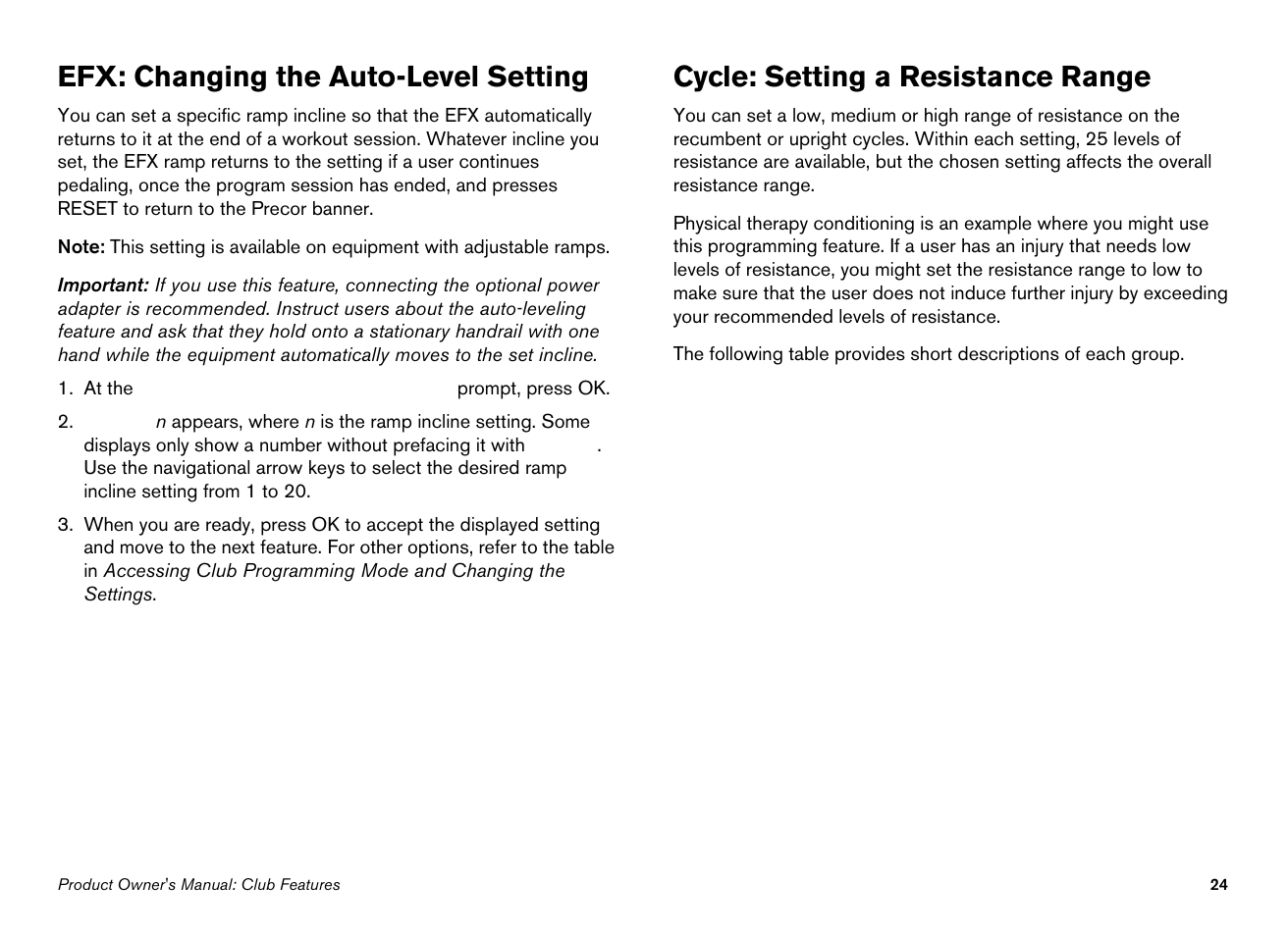 Efx: changing the auto-level setting, Cycle: setting a resistance range | Precor EFX534i User Manual | Page 26 / 98