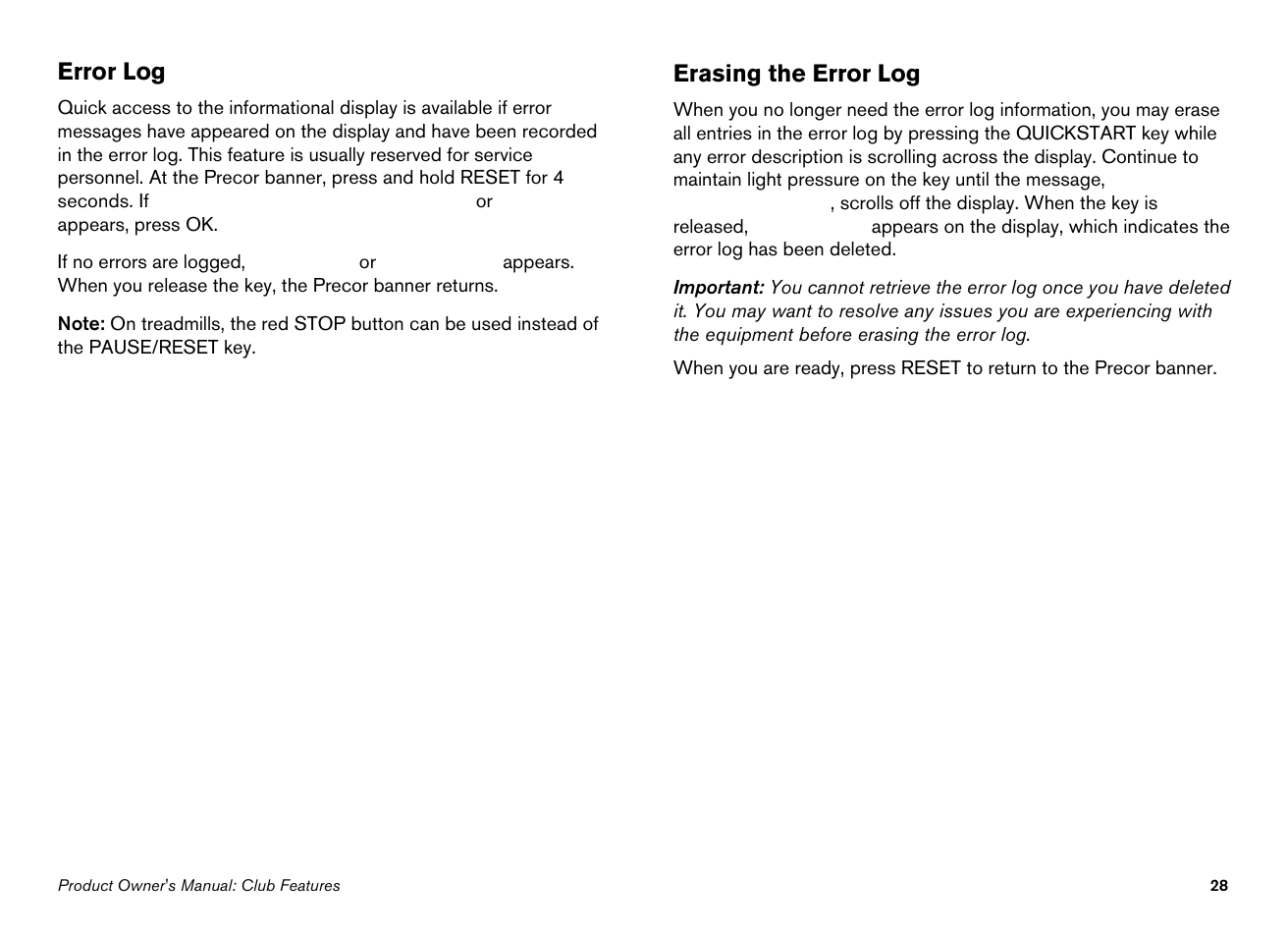 Error log, Erasing the error log | Precor EFX534i User Manual | Page 30 / 98