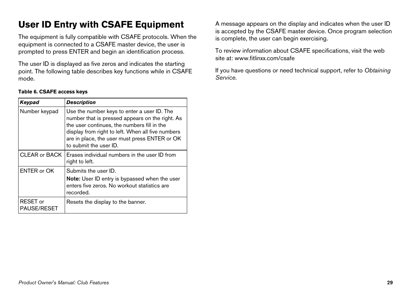User id entry with csafe equipment | Precor EFX534i User Manual | Page 31 / 98