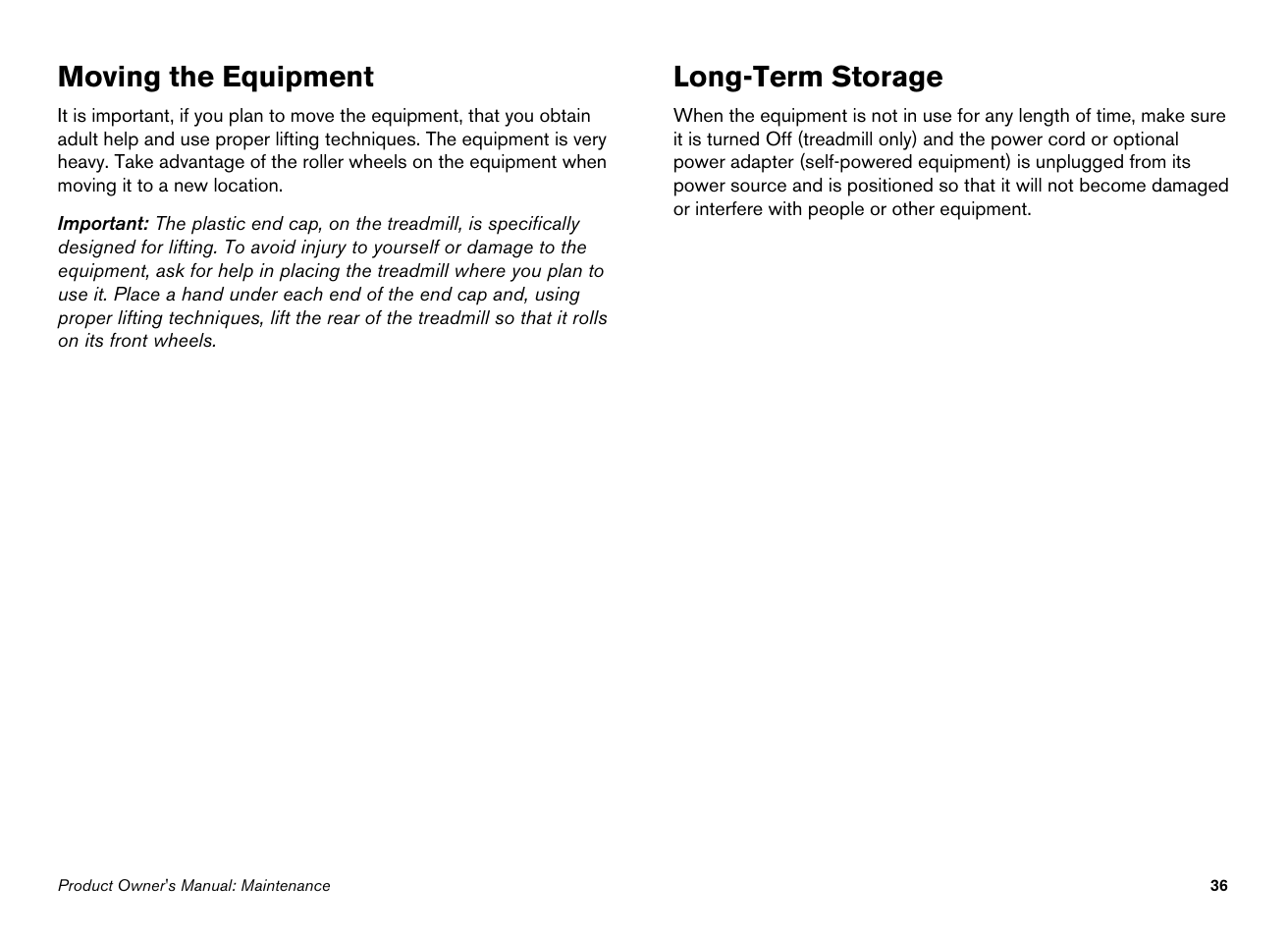 Moving the equipment, Long-term storage | Precor EFX534i User Manual | Page 38 / 98
