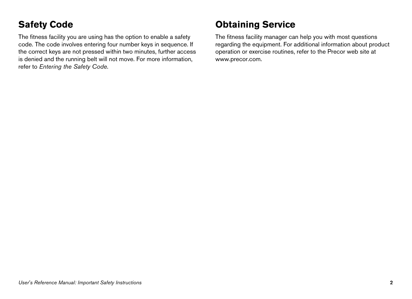 Safety code, Obtaining service | Precor EFX534i User Manual | Page 48 / 98