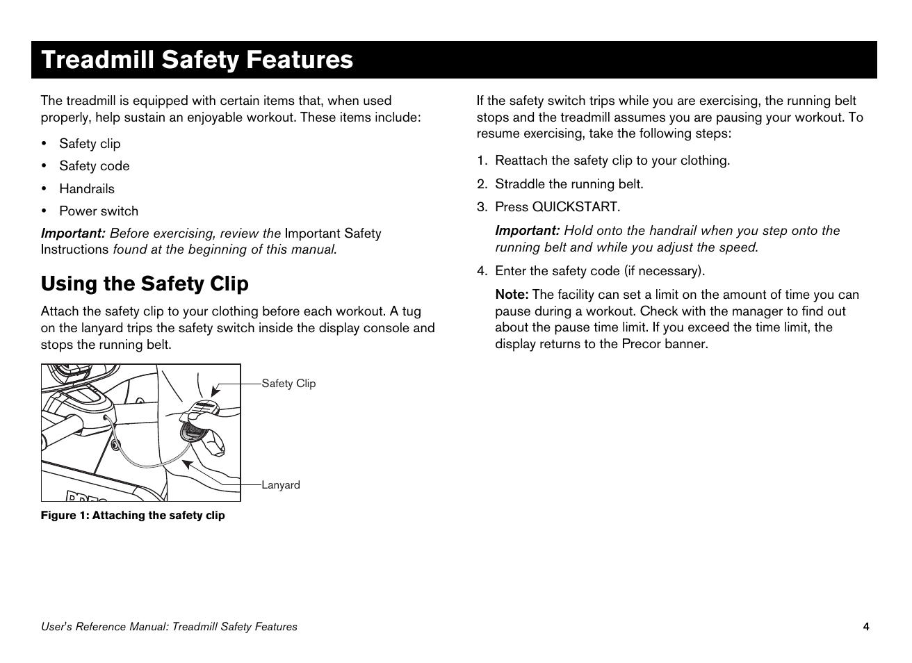 Treadmill safety features, Using the safety clip | Precor EFX534i User Manual | Page 50 / 98