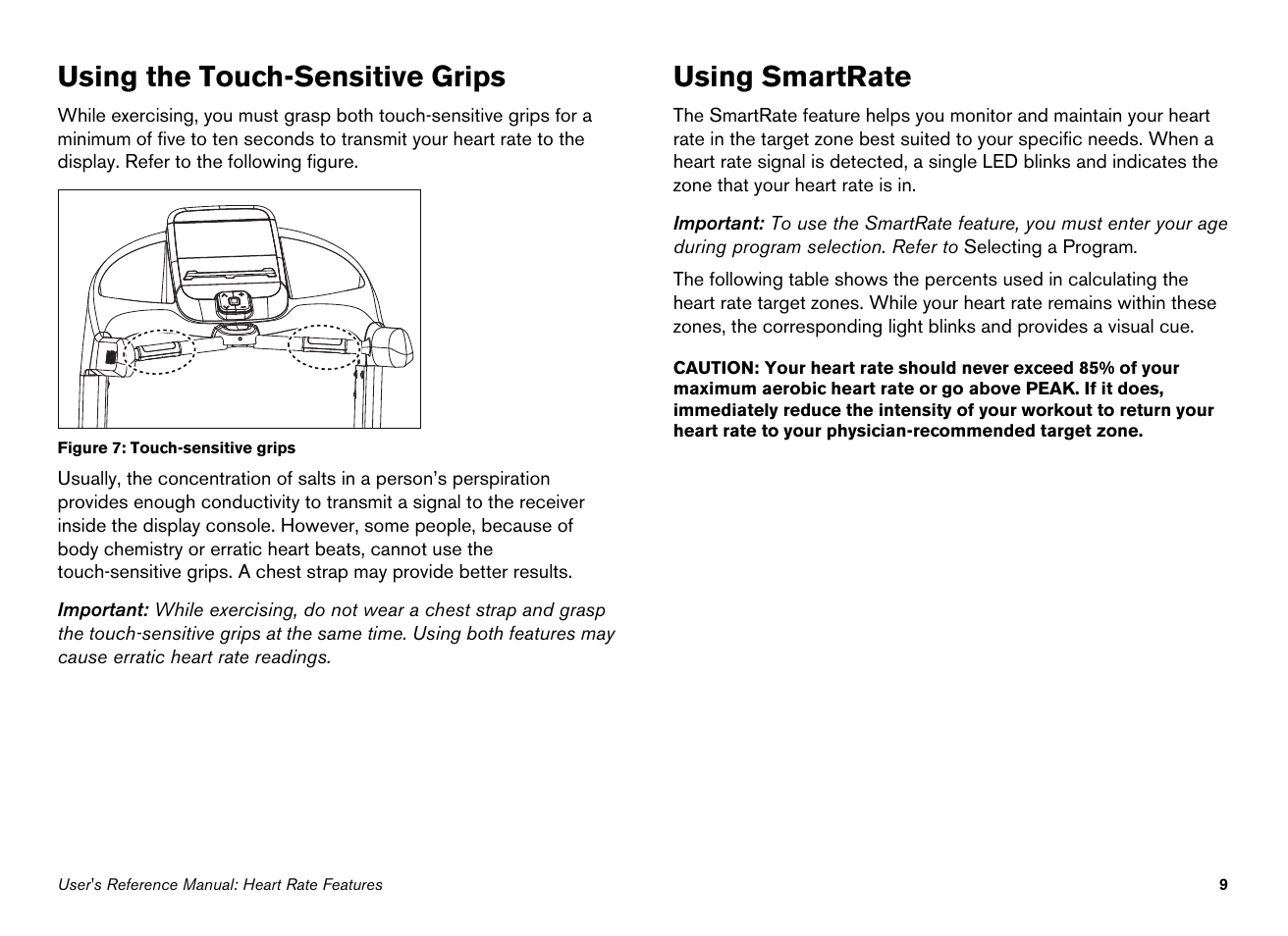 Using the touch-sensitive grips, Using smartrate | Precor EFX534i User Manual | Page 55 / 98