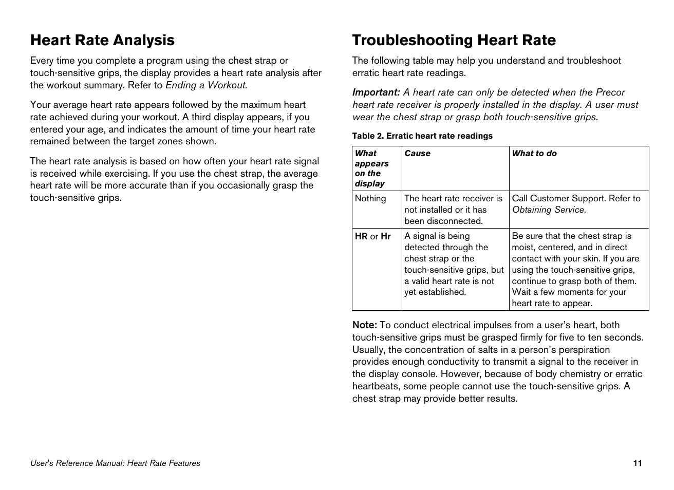 Heart rate analysis, Troubleshooting heart rate | Precor EFX534i User Manual | Page 57 / 98