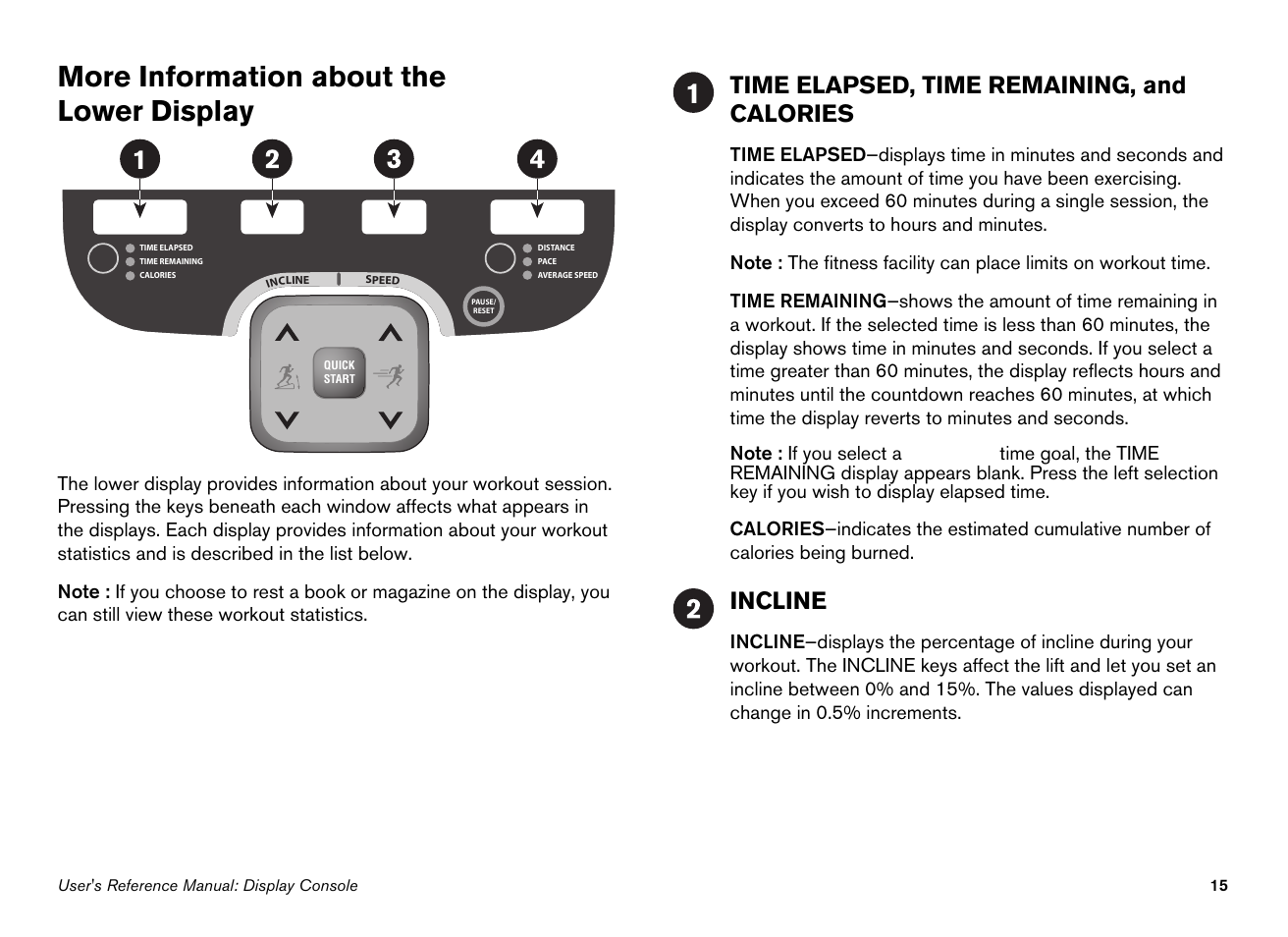 More information about the lower display, Time elapsed, time remaining, and calories, Incline | Precor EFX534i User Manual | Page 61 / 98