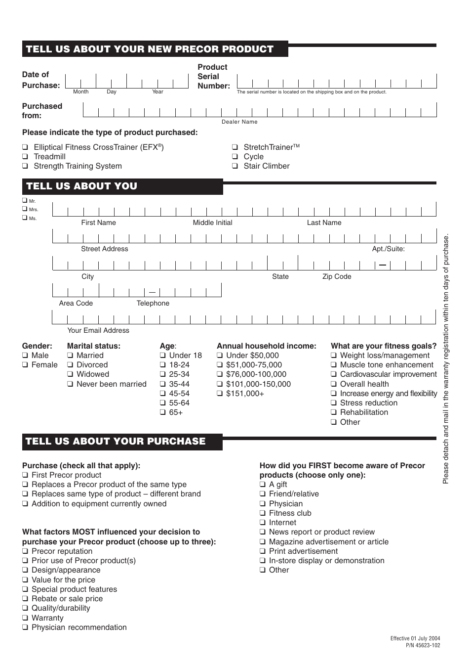 Tell us about your new precor product, Tell us about you, Tell us about your purchase | Precor Commercial Stretch Trainer C240 User Manual | Page 14 / 16