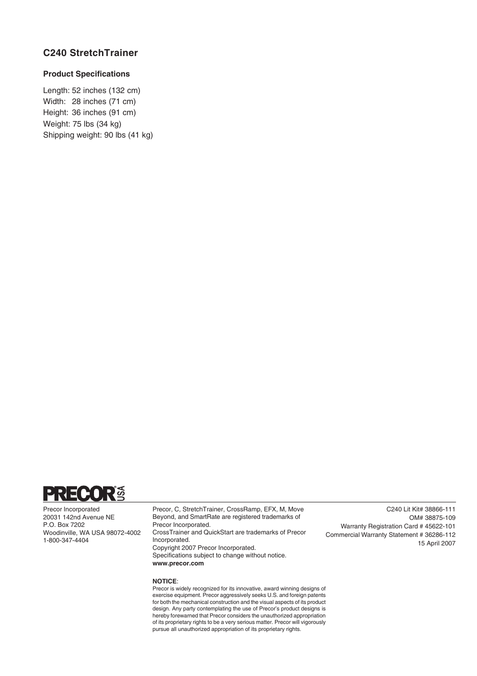 C240 stretchtrainer | Precor Commercial Stretch Trainer C240 User Manual | Page 16 / 16