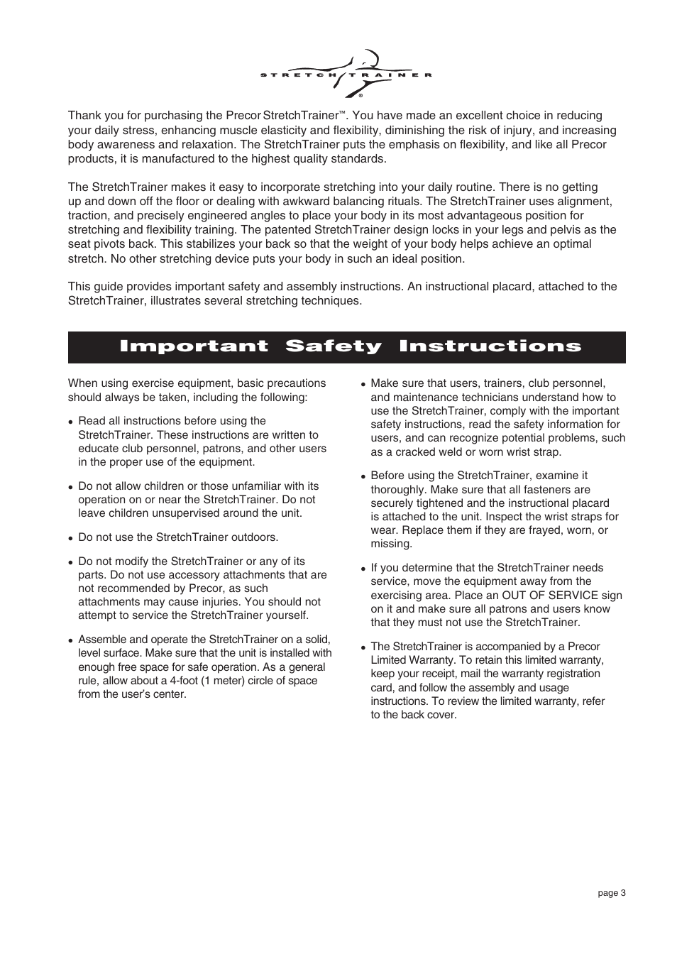 Important safety instructions | Precor Commercial Stretch Trainer C240 User Manual | Page 3 / 16