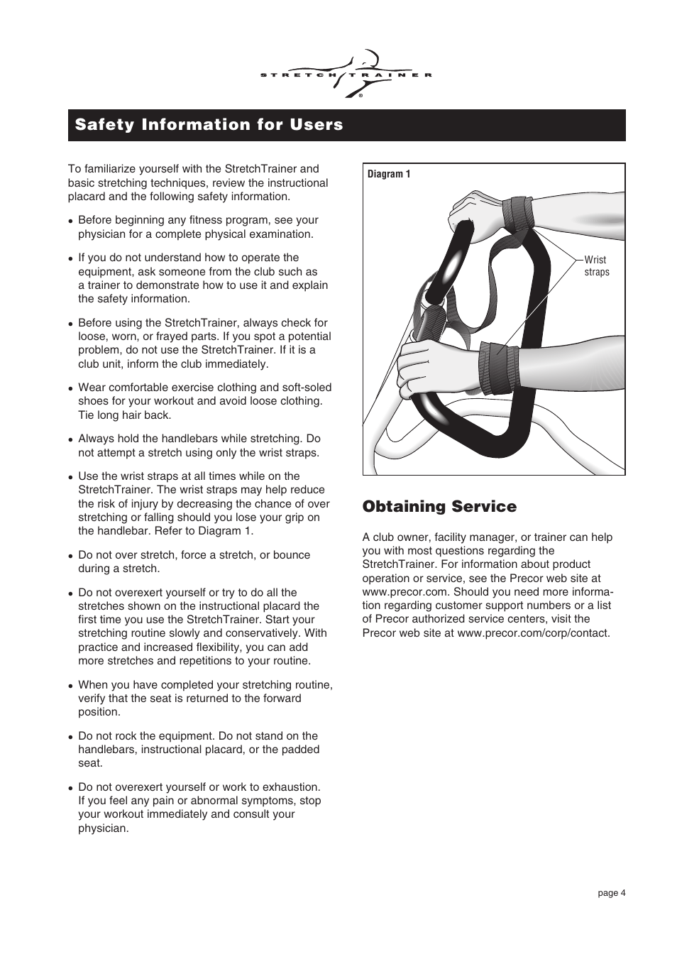 Safety information for users, Obtaining service | Precor Commercial Stretch Trainer C240 User Manual | Page 4 / 16