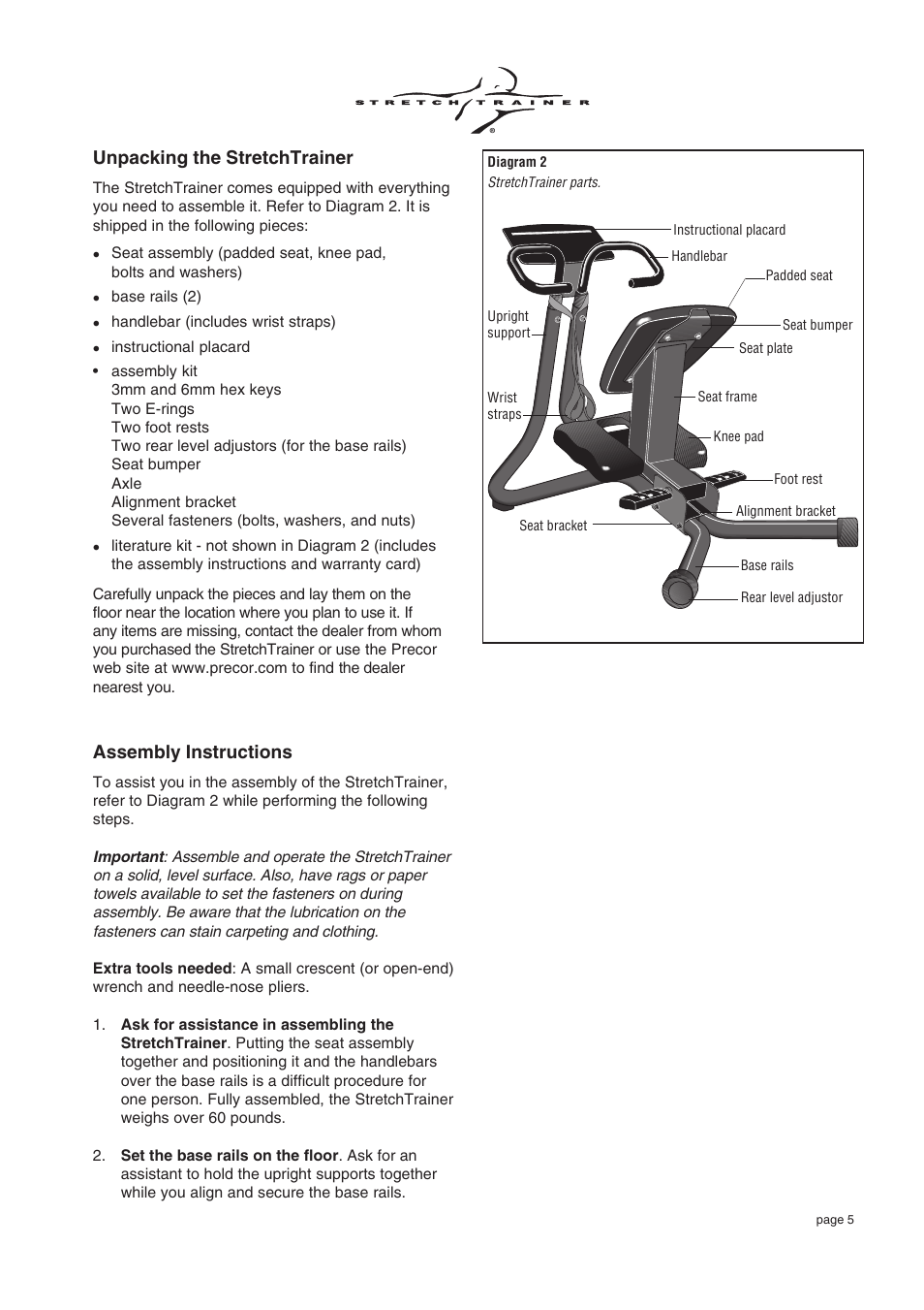 Unpacking the stretchtrainer, Assembly instructions | Precor Commercial Stretch Trainer C240 User Manual | Page 5 / 16