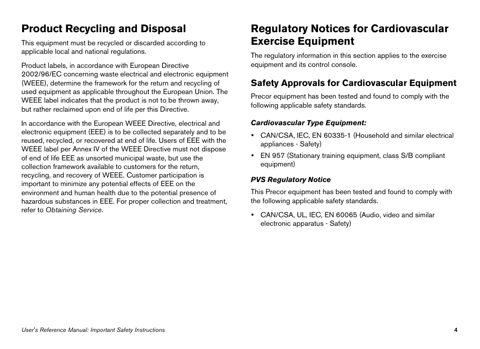 Product recycling and disposal | Precor Elliptical Fitness Crosstrainer EFX User Manual | Page 22 / 108