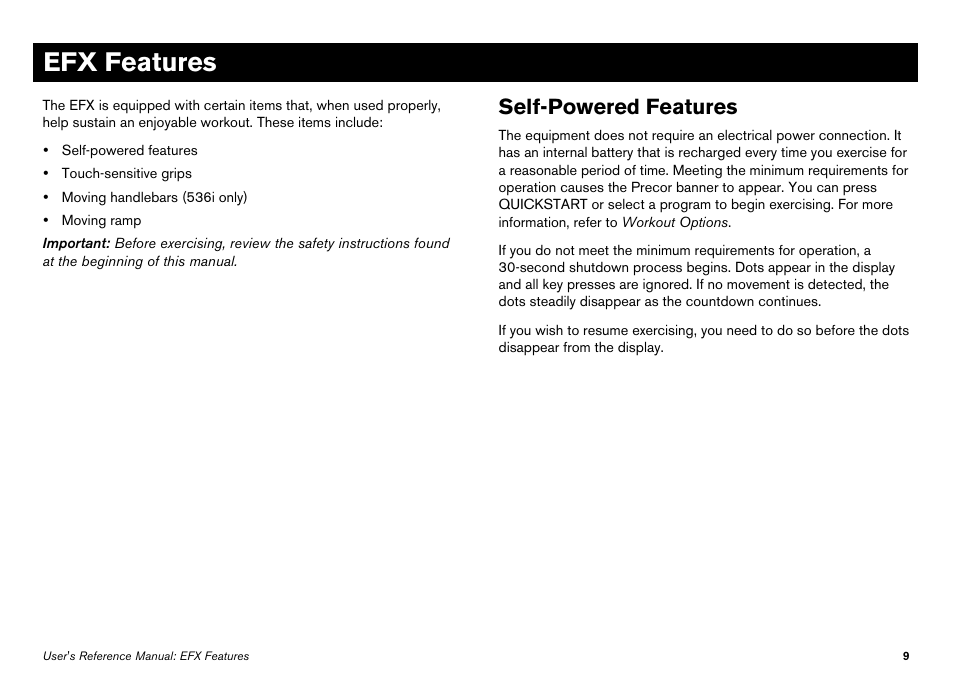 Efx features, Self-powered features | Precor Elliptical Fitness Crosstrainer EFX User Manual | Page 27 / 108