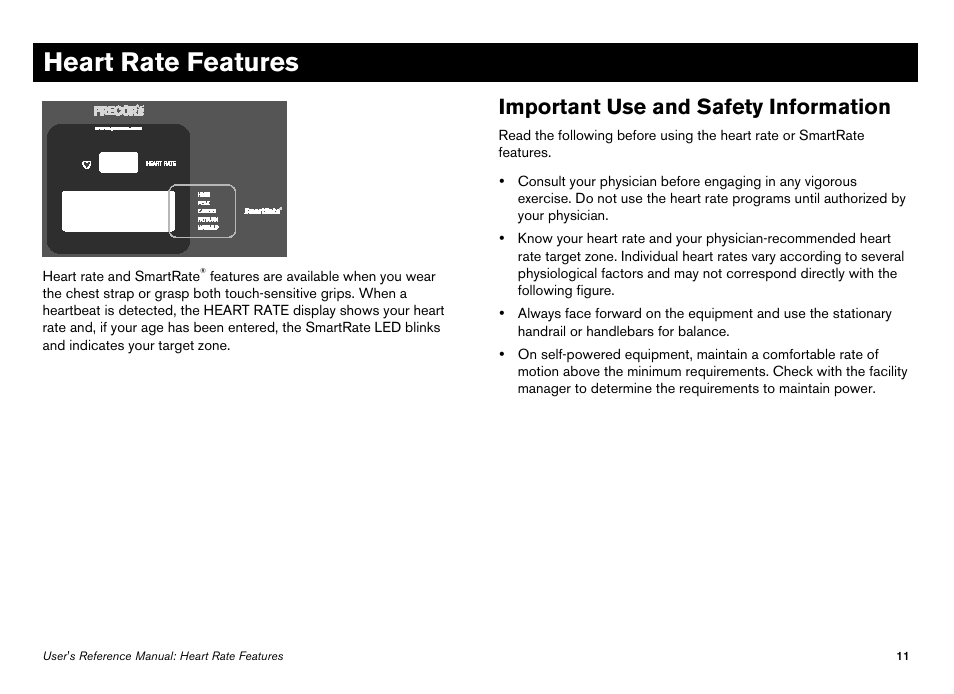Heart rate features, Important use and safety information | Precor Elliptical Fitness Crosstrainer EFX User Manual | Page 29 / 108