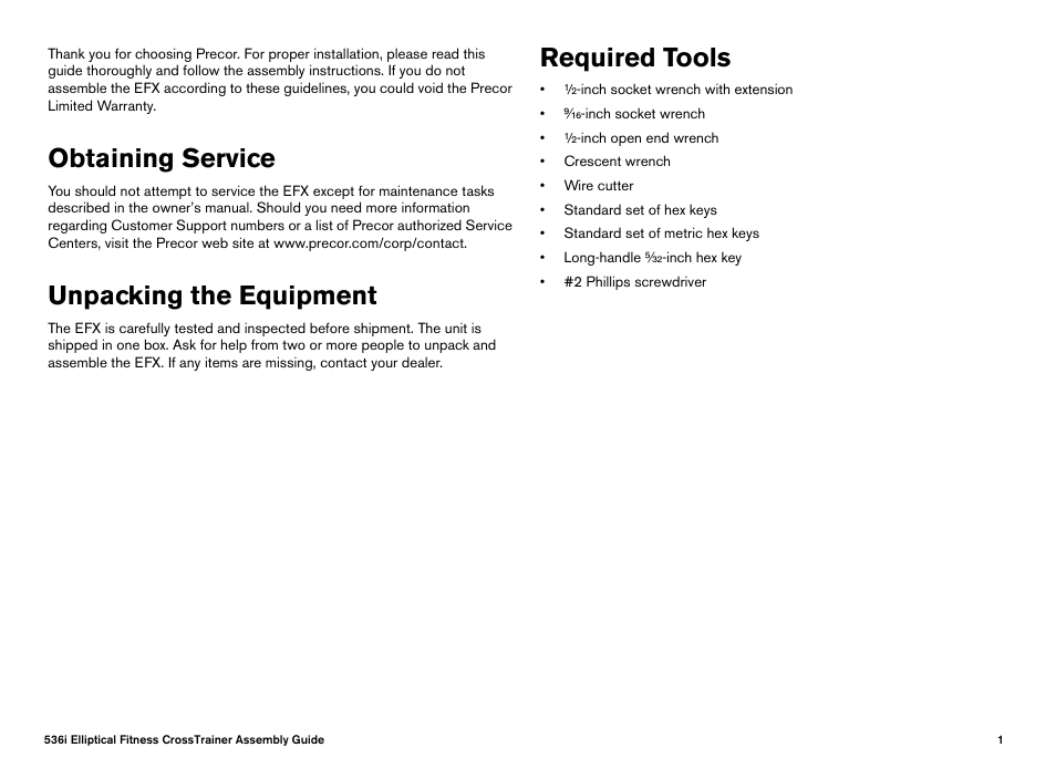 Obtaining service, Unpacking the equipment, Required tools | Precor Elliptical Fitness Crosstrainer EFX User Manual | Page 3 / 108