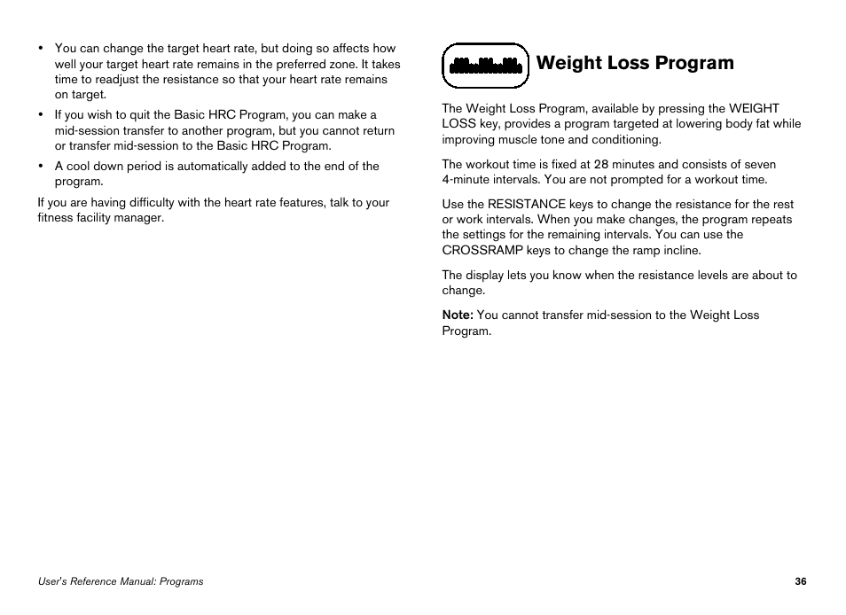 Weight loss program | Precor Elliptical Fitness Crosstrainer EFX User Manual | Page 54 / 108