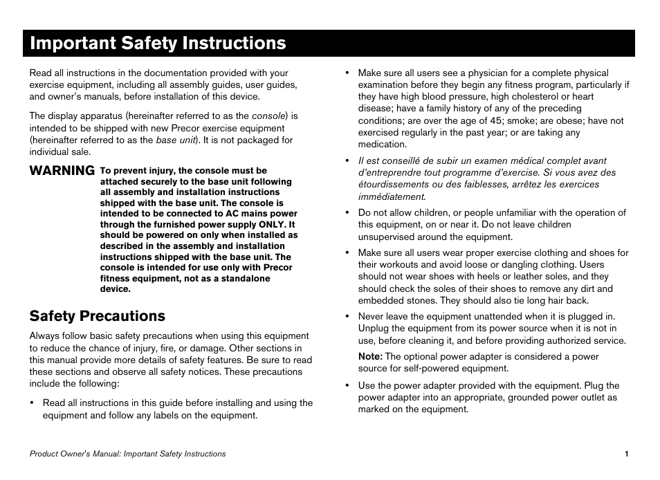 Important safety instructions, Safety precautions, Warning | Precor Elliptical Fitness Crosstrainer EFX User Manual | Page 63 / 108